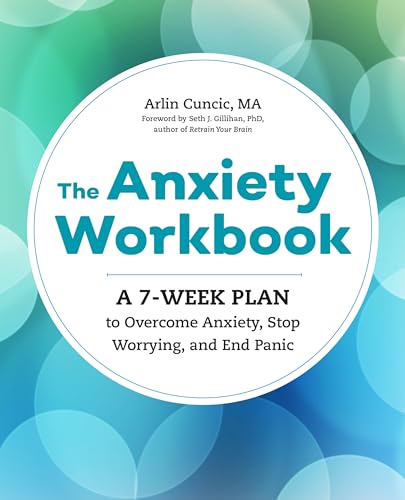 Book cover: “The Anxiety Workbook” with teal text on a blurred background.