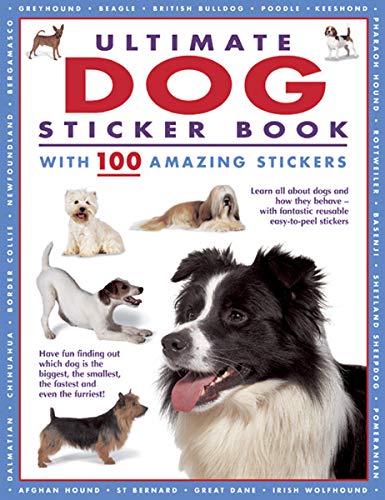 Book cover titled Ultimate Dog Sticker Book featuring various dog breeds and text.