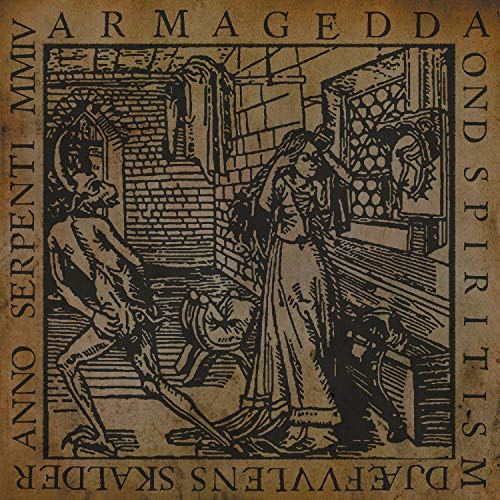 Woodcut-style illustration of a demon standing before a woman in a stone room.