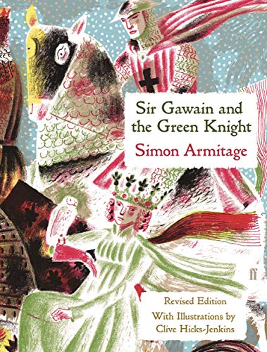 Book cover with illustrated knight and lady, titled "Sir Gawain and the Green Knight.