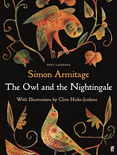 Book cover featuring a stylized owl and nightingale amidst vines against a black background.