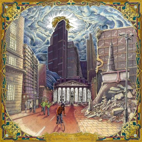 Album cover depicting a cityscape with a cyclist and stormy sky.