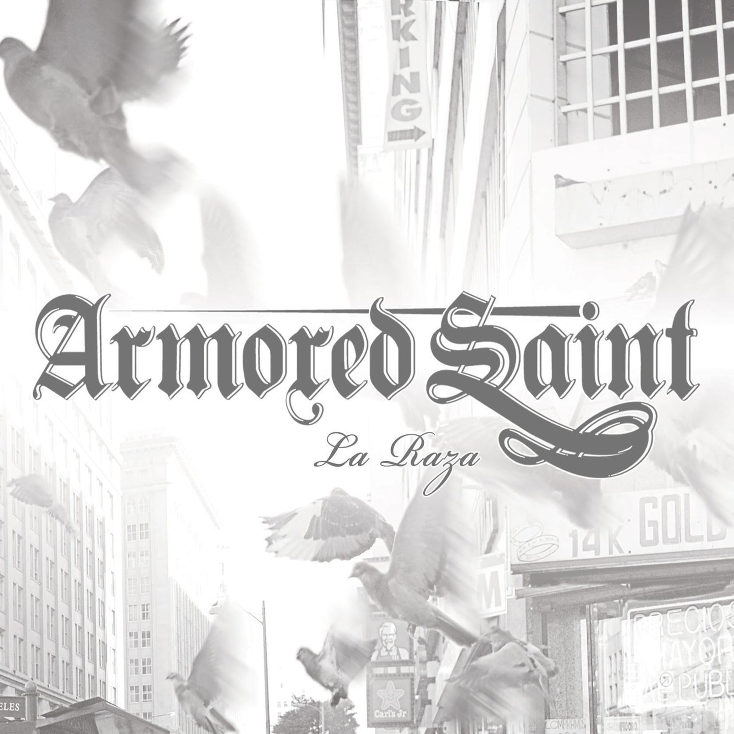 Armored Saint "La Raza" vinyl record cover with birds and city imagery.
