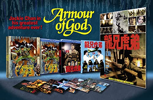 Armour of God Deluxe Collector's Edition Blu-ray set with cases, posters, and movie stills.