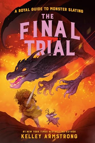 Book cover: girl with sword faces a dragon in fiery landscape.