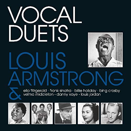 "Album cover with 'Vocal Duets' and Louis Armstrong's image, featuring various singers."
