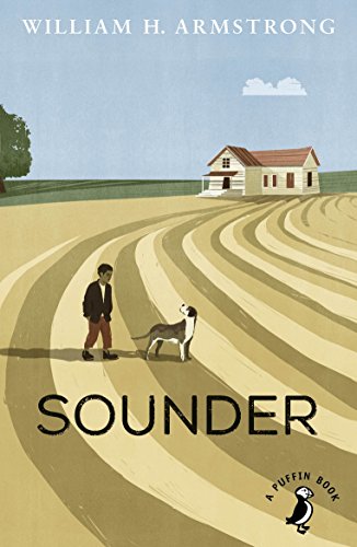 Book cover: boy, dog, farmhouse in a field, title "Sounder".