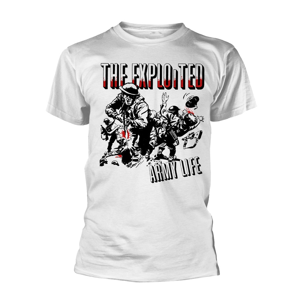 White t-shirt with black and red illustration of soldiers and text.