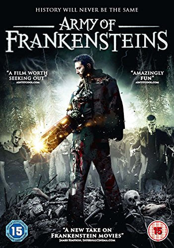 DVD cover for "Army of Frankensteins" featuring a cyborg and undead figures.