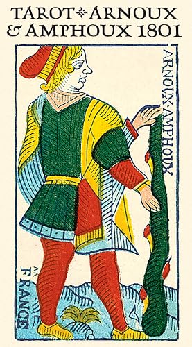 Vintage tarot card depicting a figure in red, green, and yellow clothing.