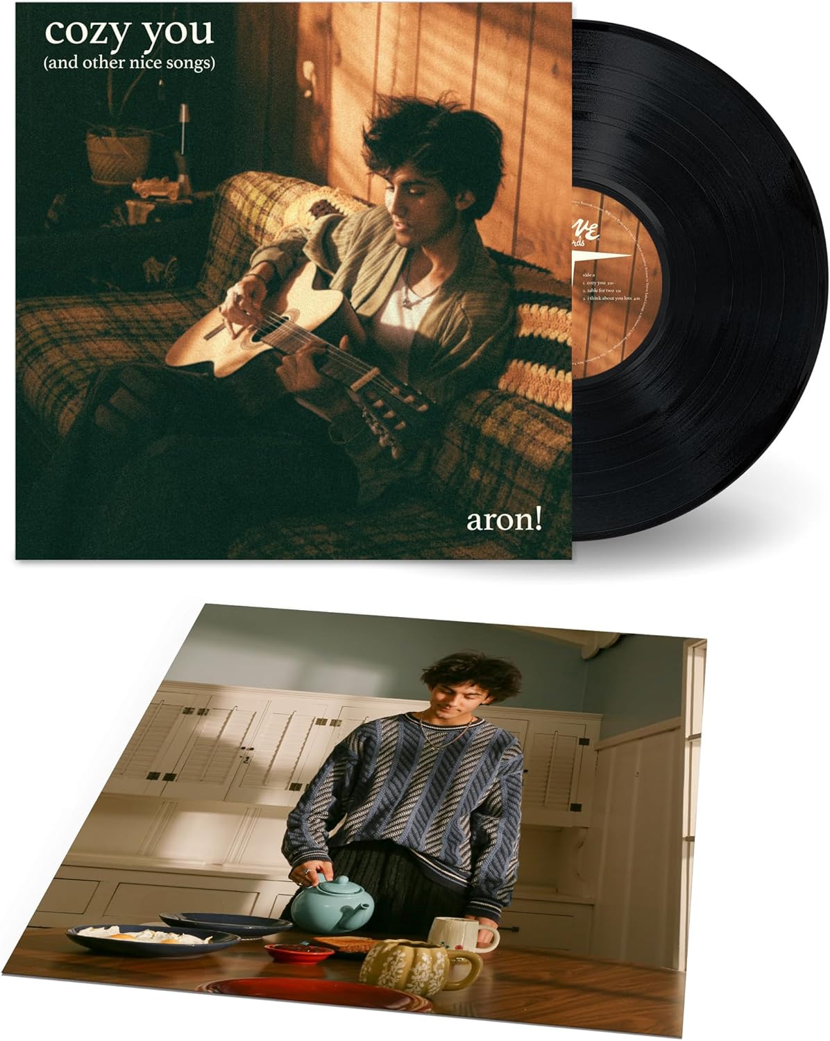 aron! "cozy you" vinyl record with album art and musician portraits.