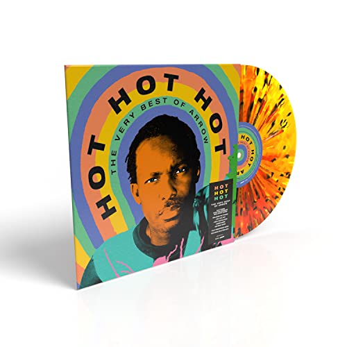 Vinyl record of Arrow’s “Hot Hot Hot” with colorful swirl design.