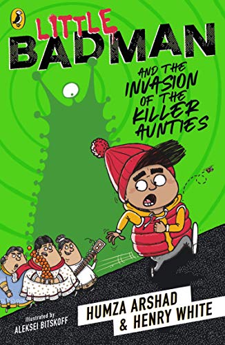"Cartoon book cover featuring a boy running from three aunties and a green ghost."