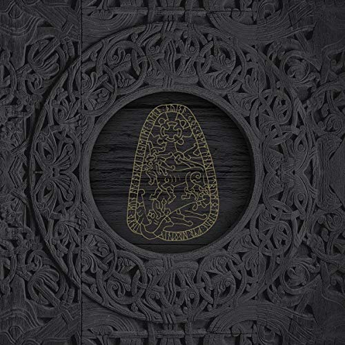 Black album cover with gold runic inscription within an ornate frame.