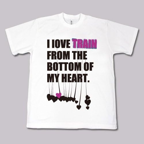 White t-shirt with text and hanging black hearts graphic.