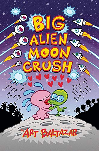 Cartoon cover of "Big Alien Moon Crush" showing aliens in love on the moon.