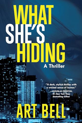 Book cover for “What She’s Hiding” with city skyline and an eye.