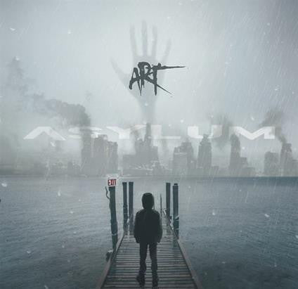 Dark, foggy cityscape with a large hand and lone figure on a pier.