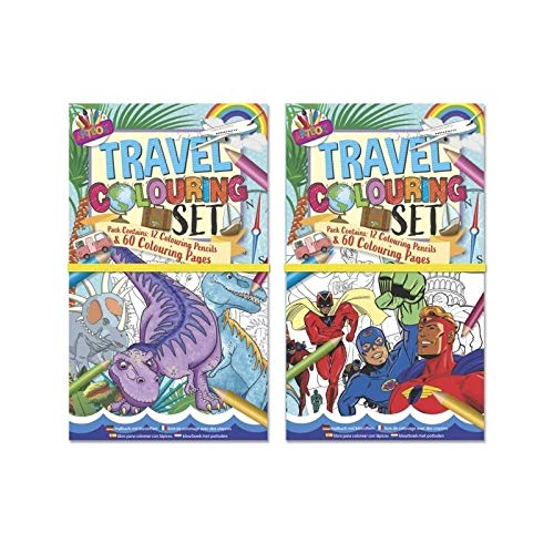 Two travel colouring sets with dinosaur and superhero themes, plus pencils.