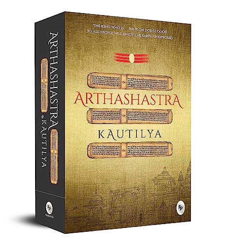 Book cover of Arthashastra by Kautilya with gold background and ancient manuscript illustrations.