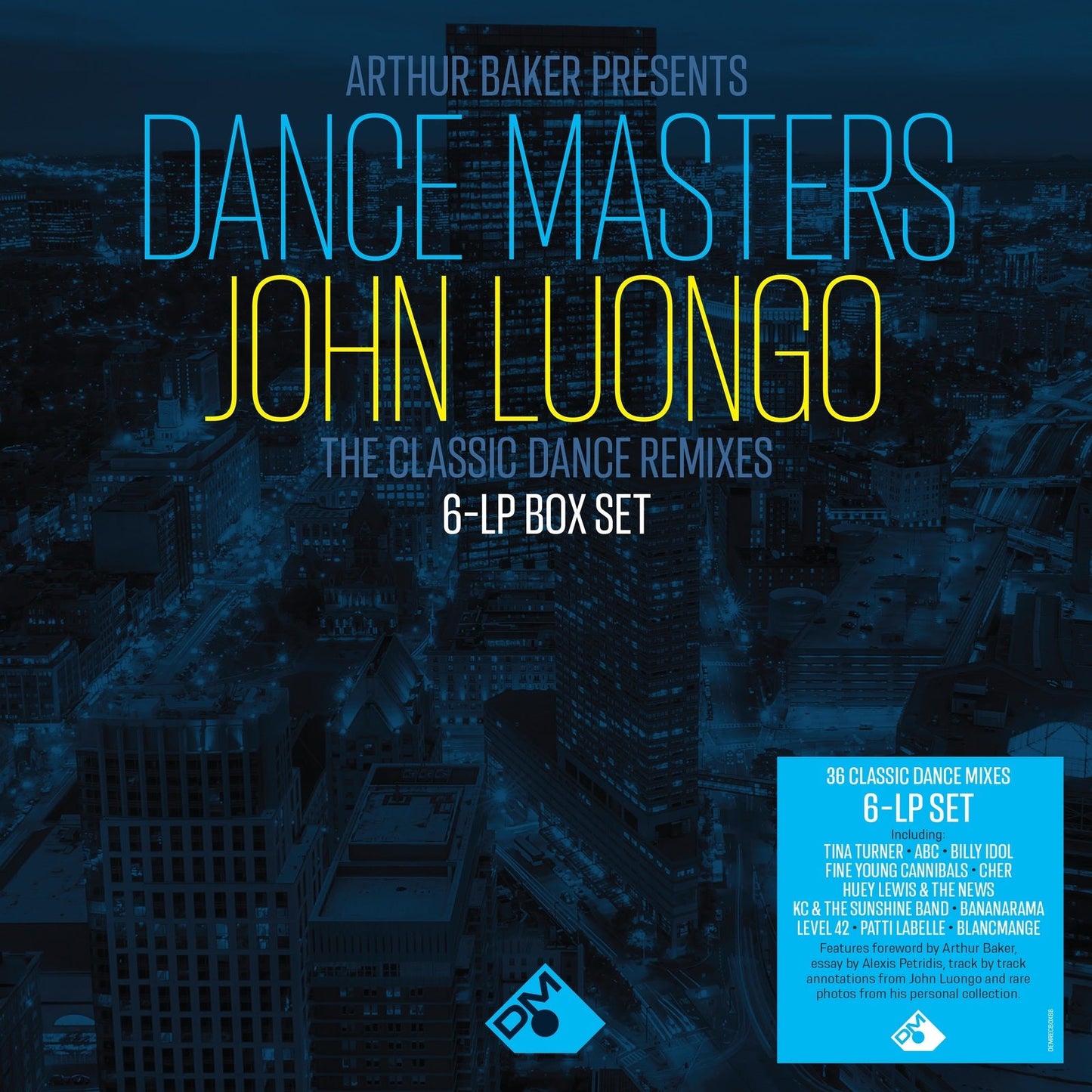 Vinyl record cover for “Dance Masters” by John Luongo, blue cityscape.