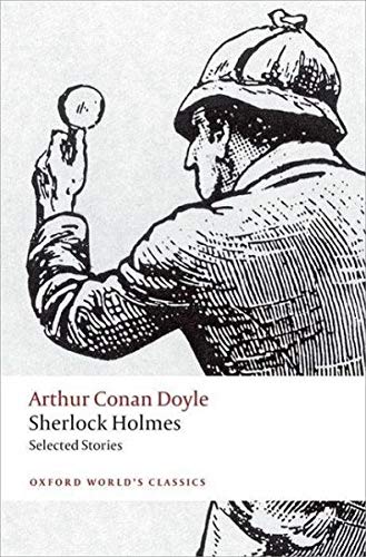 Black and white illustration of Sherlock Holmes holding a magnifying glass on book cover.