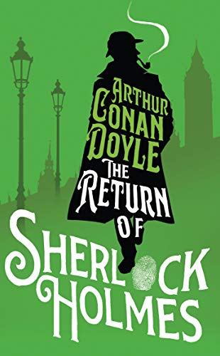 Book cover with a silhouette of Sherlock Holmes against a green London cityscape background.