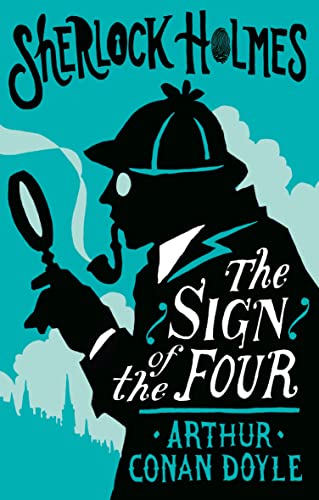 Book cover for "The Sign of the Four" featuring Sherlock Holmes in silhouette.