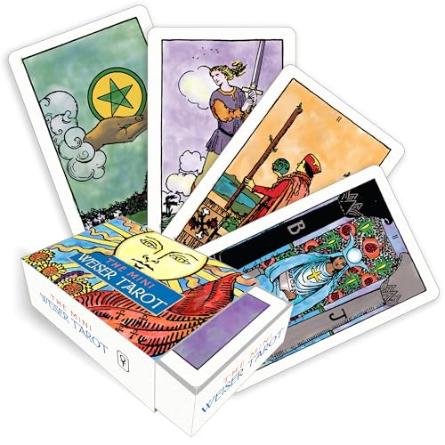 Miniature tarot card deck and box with colorful illustrated cards.