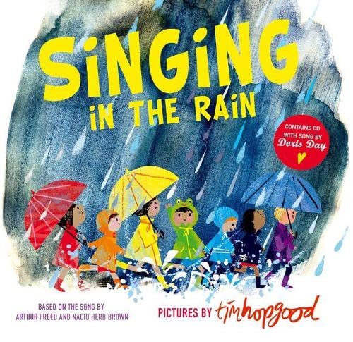 Children with umbrellas walk in the rain, illustrated book cover.