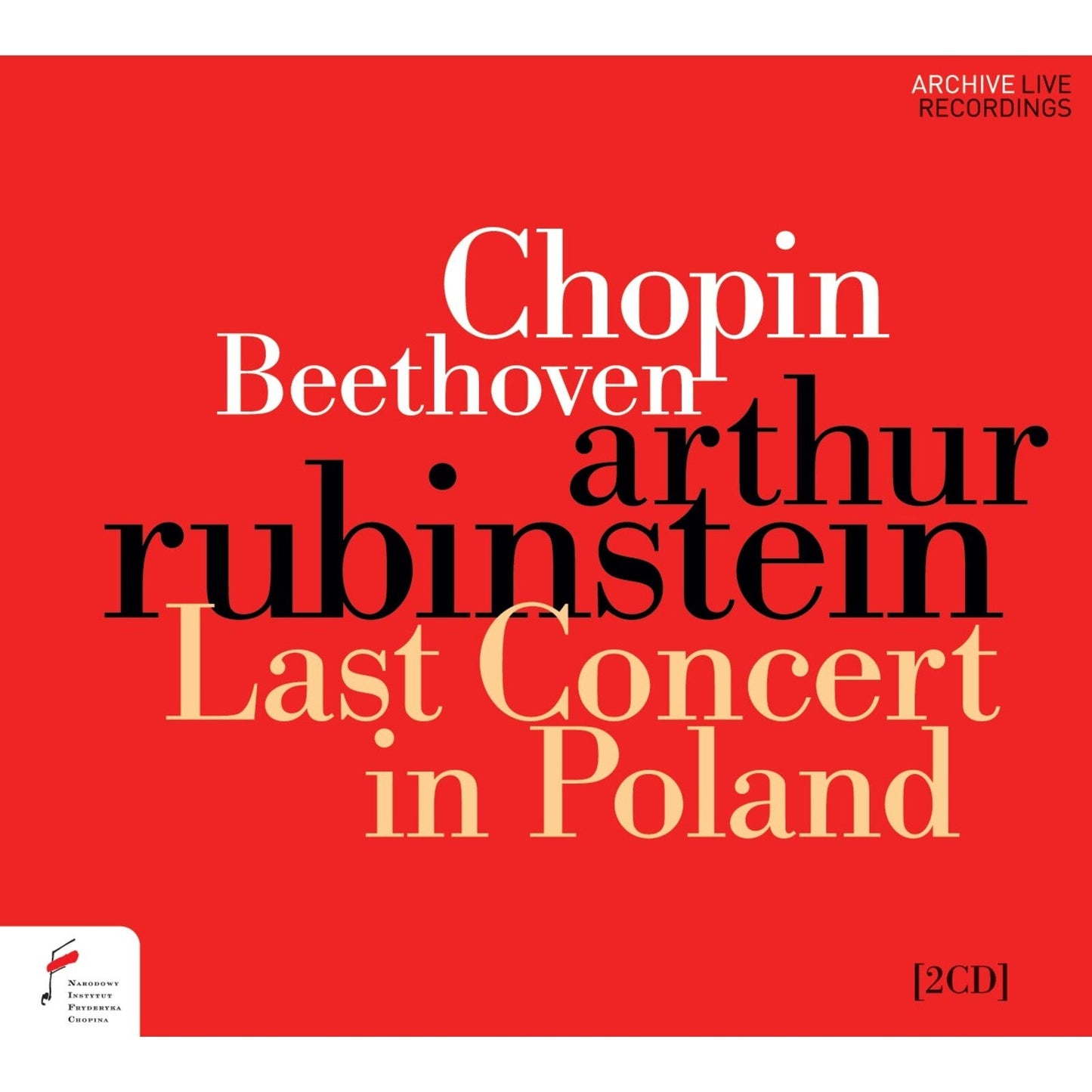 Red CD cover featuring text: Arthur Rubinstein, Chopin, Beethoven, Last Concert.