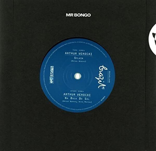 Black vinyl record with blue label featuring text: Arthur Verocai, Sylvia/Na Boca Do Sol.