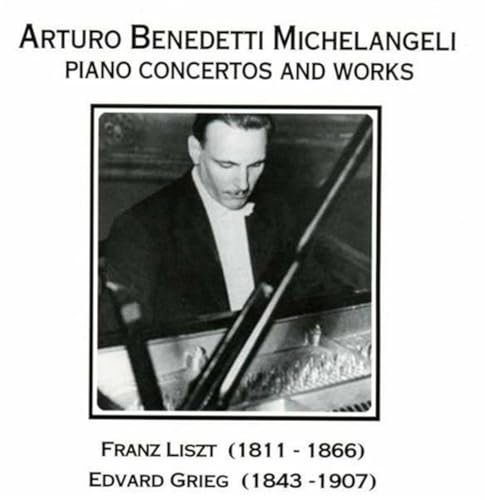 Black and white portrait of pianist Arturo Benedetti Michelangeli at a piano.