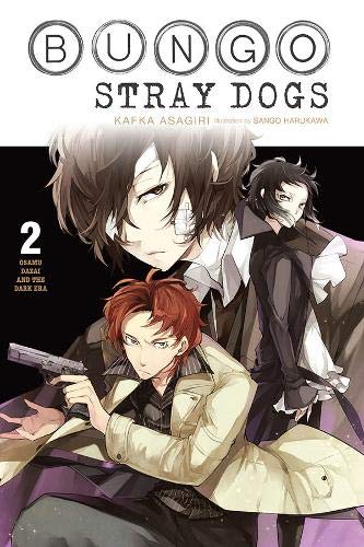 Cover of “Bungo Stray Dogs, Vol. 2” light novel featuring three characters.
