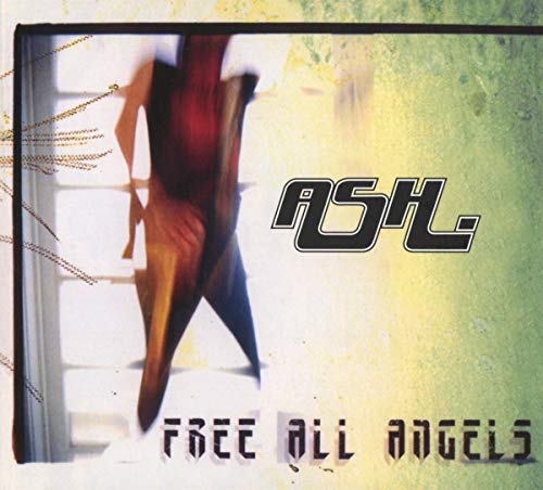 "CD cover with 'ASH' and 'Free All Angels' text, featuring a blurred person on stairs."