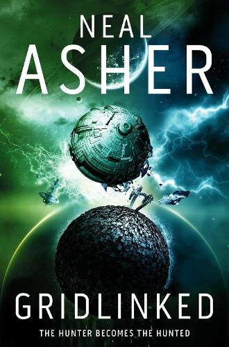 Book cover: “Gridlinked” by Neal Asher, featuring spherical structures in space.