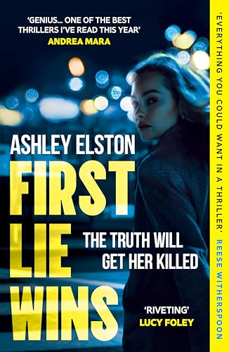 Book cover: woman in a dark coat, city lights blurred background.