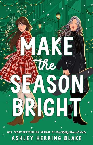 Book cover illustration of two women against a snowy, festive green city street background.