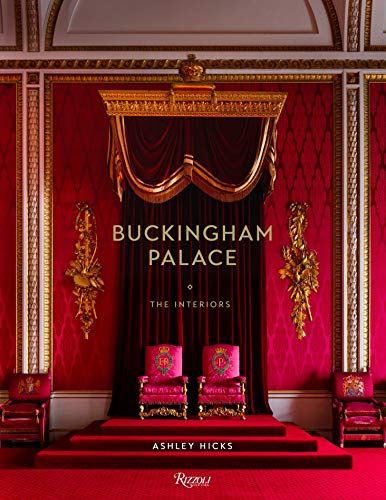 Book cover: Buckingham Palace interiors with red and gold decor.