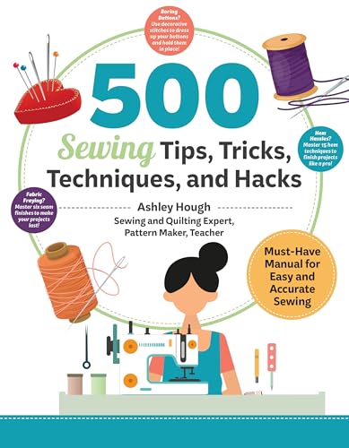 Book cover with sewing tools, a sewing machine, and a woman sewing.