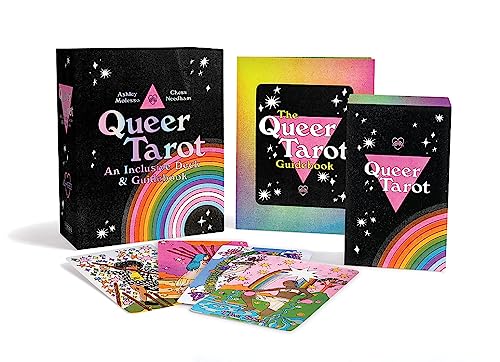 Queer Tarot" deck and guidebook with rainbow and pink accents.