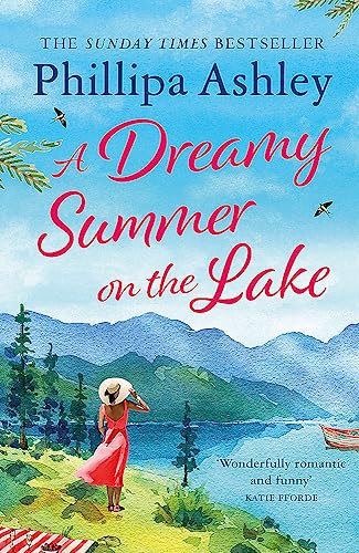 Book cover with watercolor landscape, woman in red dress by a lake.