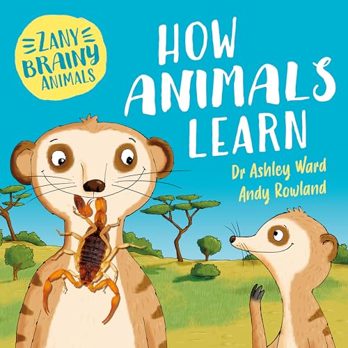 Book cover with cartoon meerkats and a scorpion in a savanna landscape.