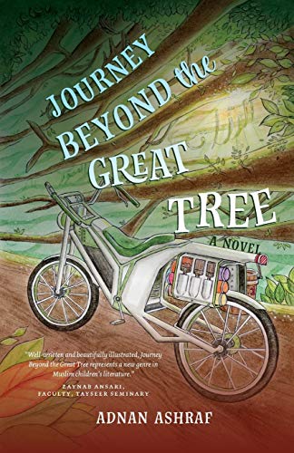 Book cover: illustrated motorcycle beneath a large tree, title "Journey Beyond the Great Tree".