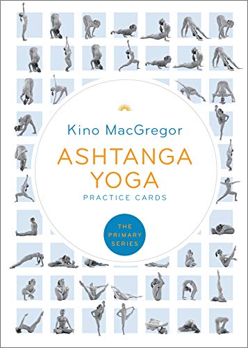 Yoga practice cards showing various poses, titled "Ashtanga Yoga" by Kino MacGregor.