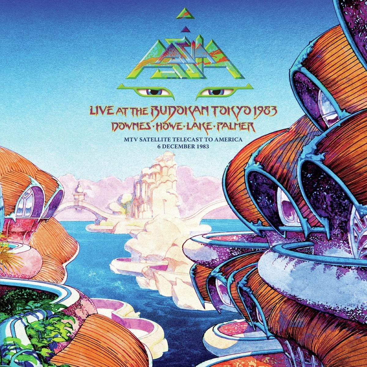 "Album cover art featuring futuristic landscape and 'Asia' logo, with concert details in red text."