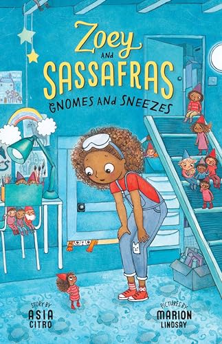 Book cover: girl with gnomes on a staircase in a colorful room.