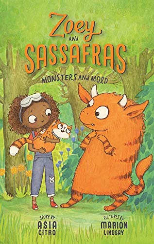 Girl with cat and orange monster in a green, leafy forest.