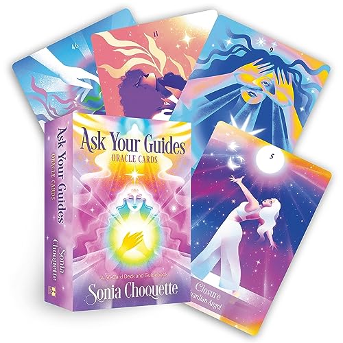 Ask Your Guides oracle card deck box with four illustrated cards featuring ethereal figures.
