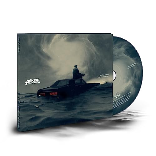 Person sitting on a car in a stormy sea, Asking Alexandria CD album cover.